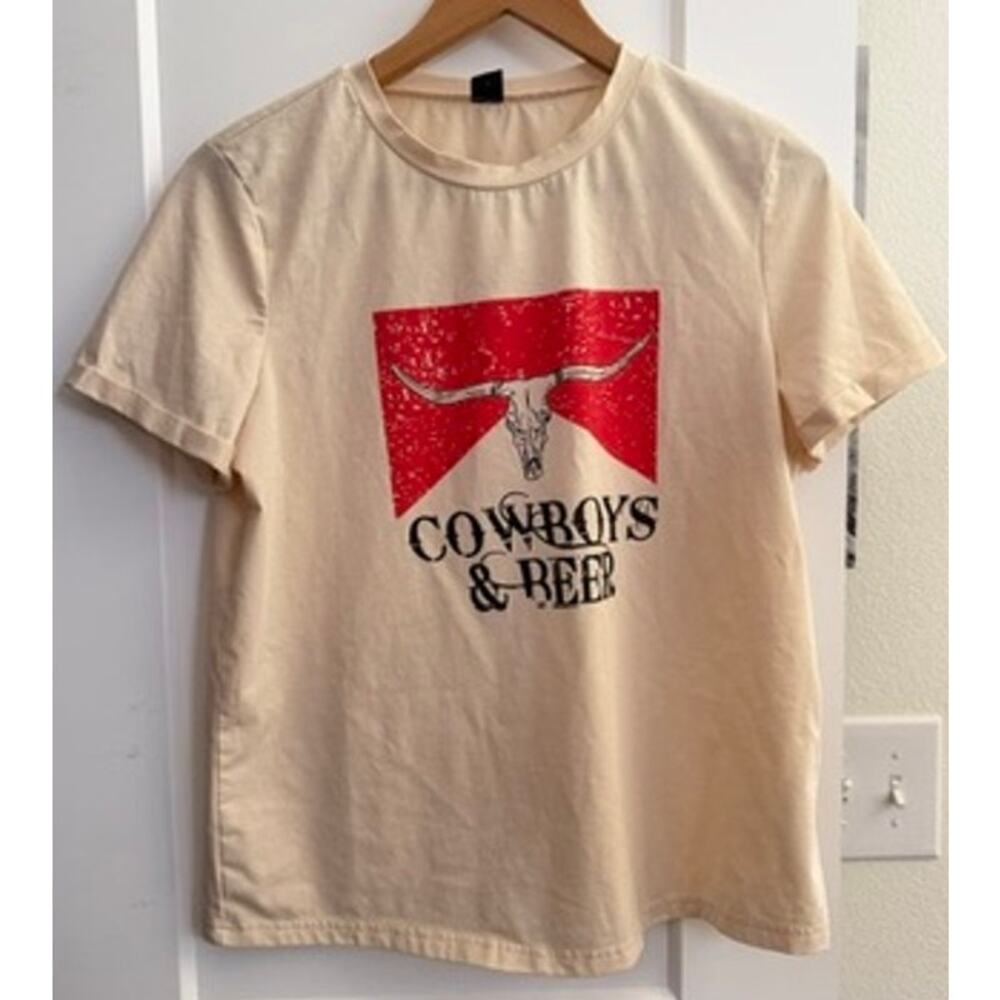 Cowboys & Beer Western Graphic T-Shirt Beige Tan Bull Skull Sz M Country‎  Rodeo